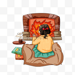 壁炉取暖图片_冬季取暖女生烤火手绘插画