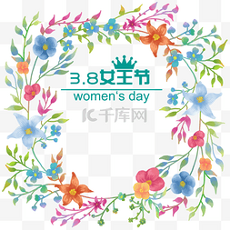蓝色花卉边框图片_3.8女王节women‘sday边框花环