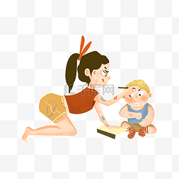 卡通手绘小女孩和小男孩玩耍