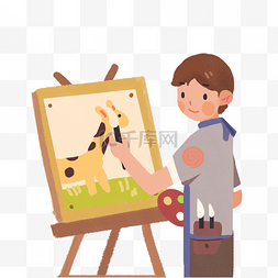在画画图片_男孩在画长颈鹿免抠图
