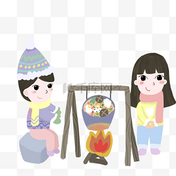 孩子们围着篝火吃火锅
