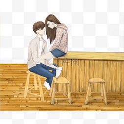 坐在吧台深情对视的情侣插画