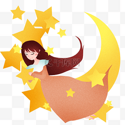 流口水的月亮图片_抱着星星睡觉女孩