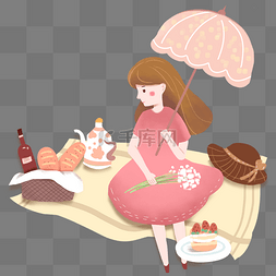 春季野餐粉色梦幻拿伞的女孩免扣