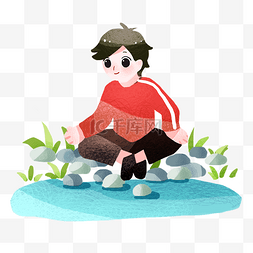 惊蛰创意图片_惊蛰坐在石头上的男孩插画