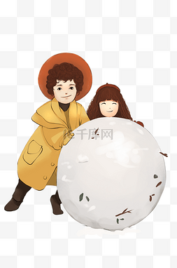 大雪旅行图片_手绘冬季大雪母女滚雪球插画