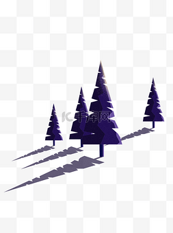 倒影手绘图片_手绘卡通紫蓝色圣诞树云杉和树影