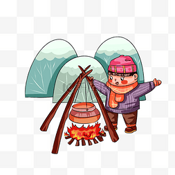 冬季取暖篝火旁的小男孩手绘插画