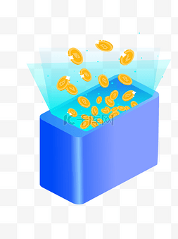 金币财宝箱图片_手绘卡通飞出金币的蓝色宝箱可商