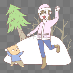 小雪人图片_冬季人物和植物插画