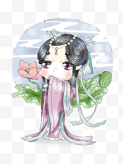 唯美荷花插画图片_手绘厚涂古风人物唯美PNG