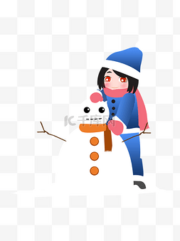可爱冬装图片_手绘卡通穿蓝色冬装堆雪人的可爱