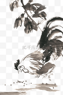鸡觅食图片_啄食的鸡水墨画PNG免抠素材