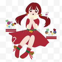 红色连衣裙矢量图片_圣诞节萌系双马尾糖果少女元素素