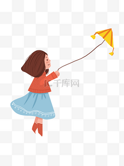 卡通可爱放风筝的女孩可商用元素