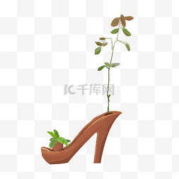 绿色植物花瓶图片_手绘创意高跟鞋花瓶元素装饰