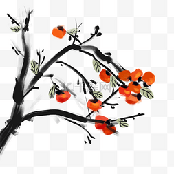 中国风彩色水墨画图片_手绘彩色水墨柿子树