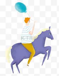 卡通手绘在骑马的男孩