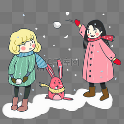 暖冬童话少女风卡通手绘雪地里玩