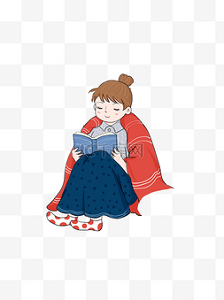 读书的女孩插画图片_手绘盖着被子看书的女孩可商用元