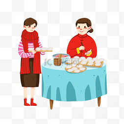 黄色桌子插画图片_春节人物和饺子插画