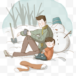 父子二人图片_寒假爸爸带儿子堆雪人手绘插图