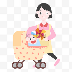 拿玩具的宝宝图片_妈妈手推婴儿车插画