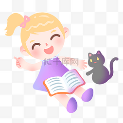 小猫和图片_读书的小女孩和小猫插画