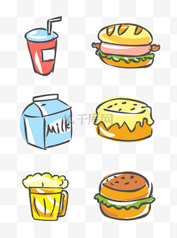去哪儿吃汉堡图片_食物元素手绘可爱卡通快餐饮料汉