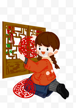 黄色红色花图片_贴窗花的小女孩插画