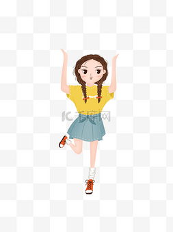 麻花辫小女孩图片_小清新跳舞的小女孩手绘插画卡通