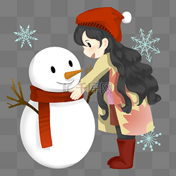 下雪天女孩图片_手绘冬季童趣堆雪人女孩插画