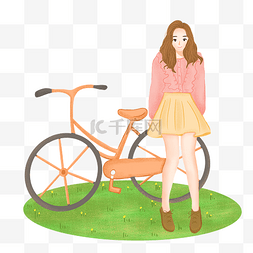 卡通橘色花装饰图片_清明坐单车女孩插画