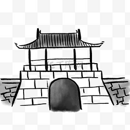 水墨中国风古建筑图片_黑色水墨城墙插画