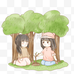 两个女孩栽种小树苗
