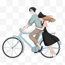 插画情侣拥抱图片_七夕情人节男生骑单车带着女生插