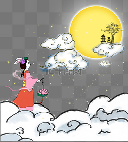 花树手绘图片_中秋节之玉兔奔月手绘