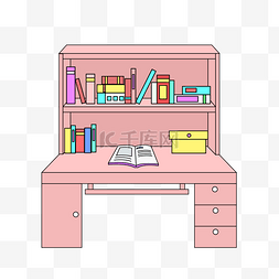 书架的插画图片_卡通粉色书桌插画