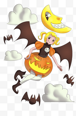 南瓜怪女巫蝙蝠翅膀插画