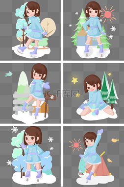 手绘冬季冰雪节滑冰小女孩人物插