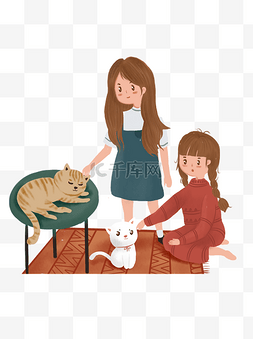 动物设计手绘图片_手绘卡通逗猫玩的小女生插画设计