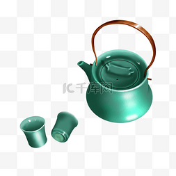 茶具插画图片_绿色茶壶手绘插画