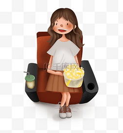 电影院看电影吃爆米花的女孩