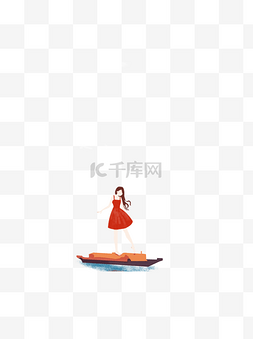 站着船上的红裙子女孩人物素材