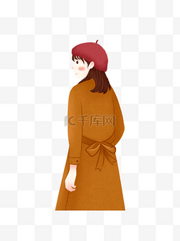 人物背影设计图片_彩绘穿着橘色大衣的时尚女生人物