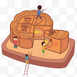 中秋节月饼团圆红色卡通人物手绘
