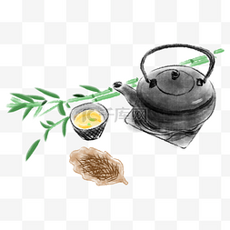 茶具黑色图片_水墨卡通茶具插画