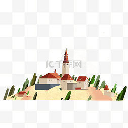 湖水海报图片_欧洲小镇教堂山顶海报边框底部边
