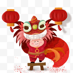 醒狮海报图片_新年快乐可爱舞狮小猪插画