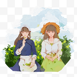 手绘水彩彩色植物图片_卡通手绘两位美丽的采茶姑娘